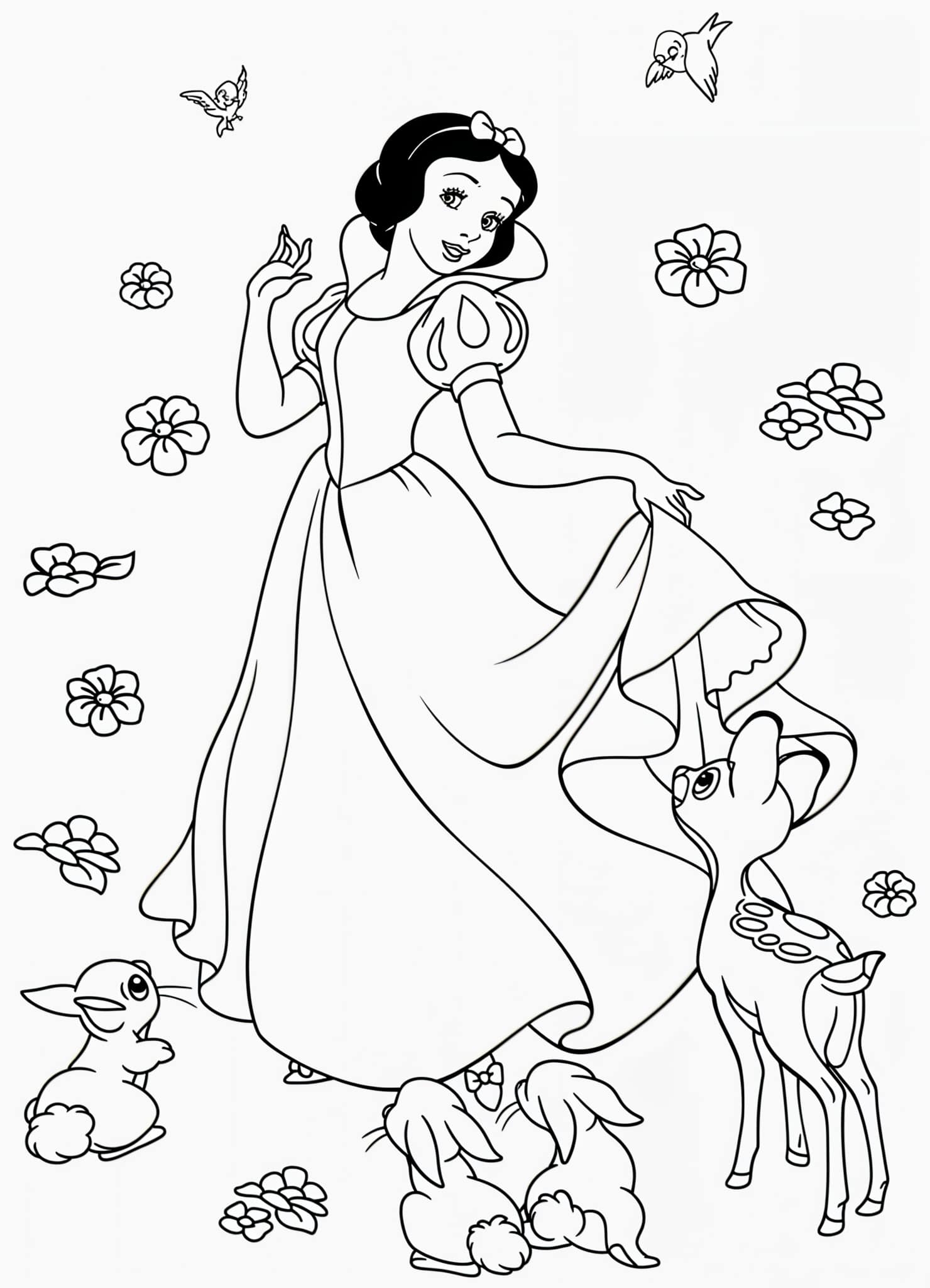 dessin-de-Blanche-Neige-avec-les-animaux-à-colorier-et-imprimer Image à colorier Blanche Neige