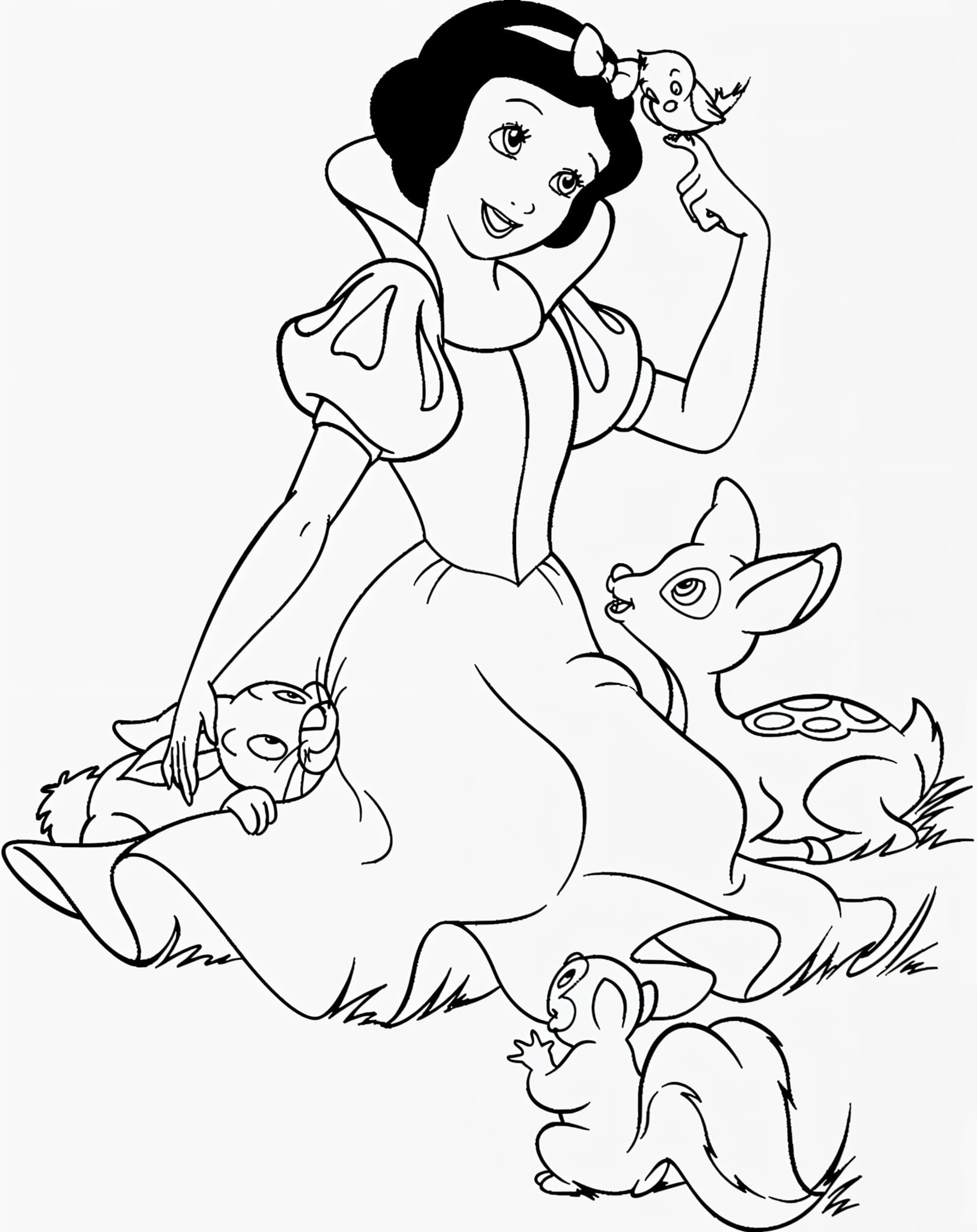 dessin-de-Blanche-Neige-avec-les-animaux-à-colorier Image à colorier Blanche Neige
