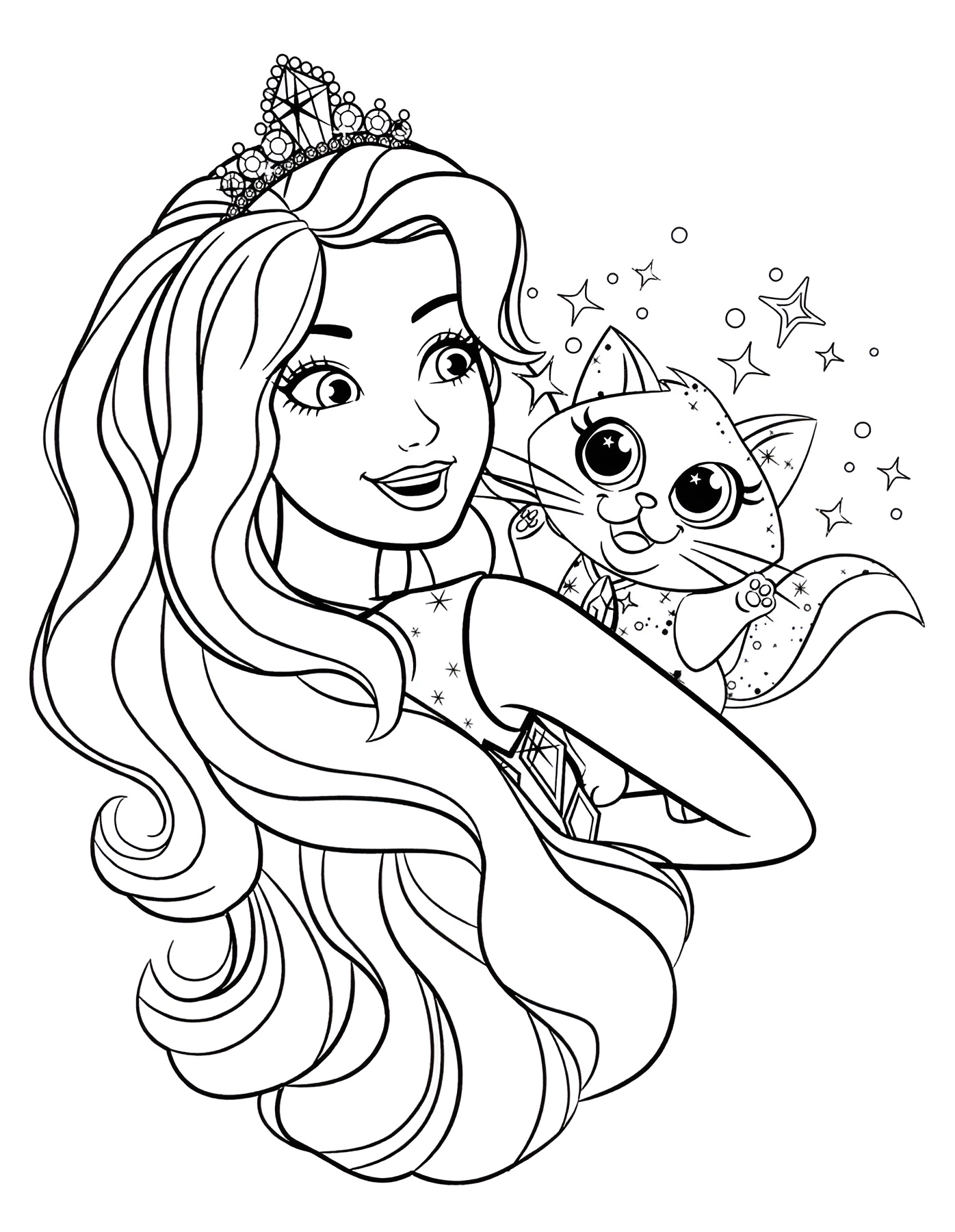 Princesse Barbie Dessin avec un chat coloriage Image à colorier Barbie